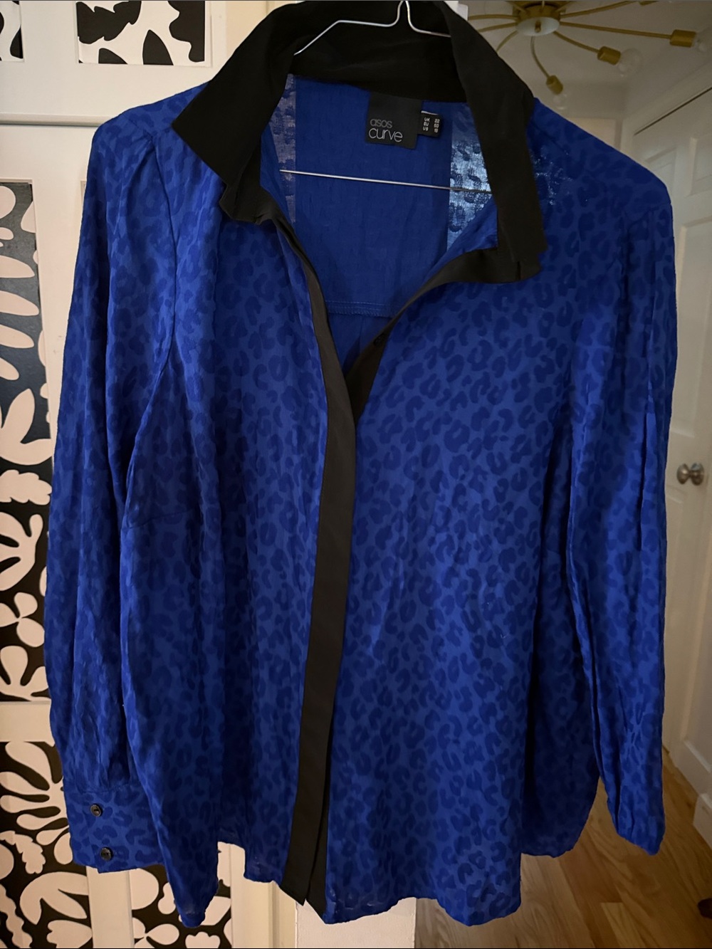 ASOS Curve Royal Blue Leopard-Print button down Shirt with Black Trim